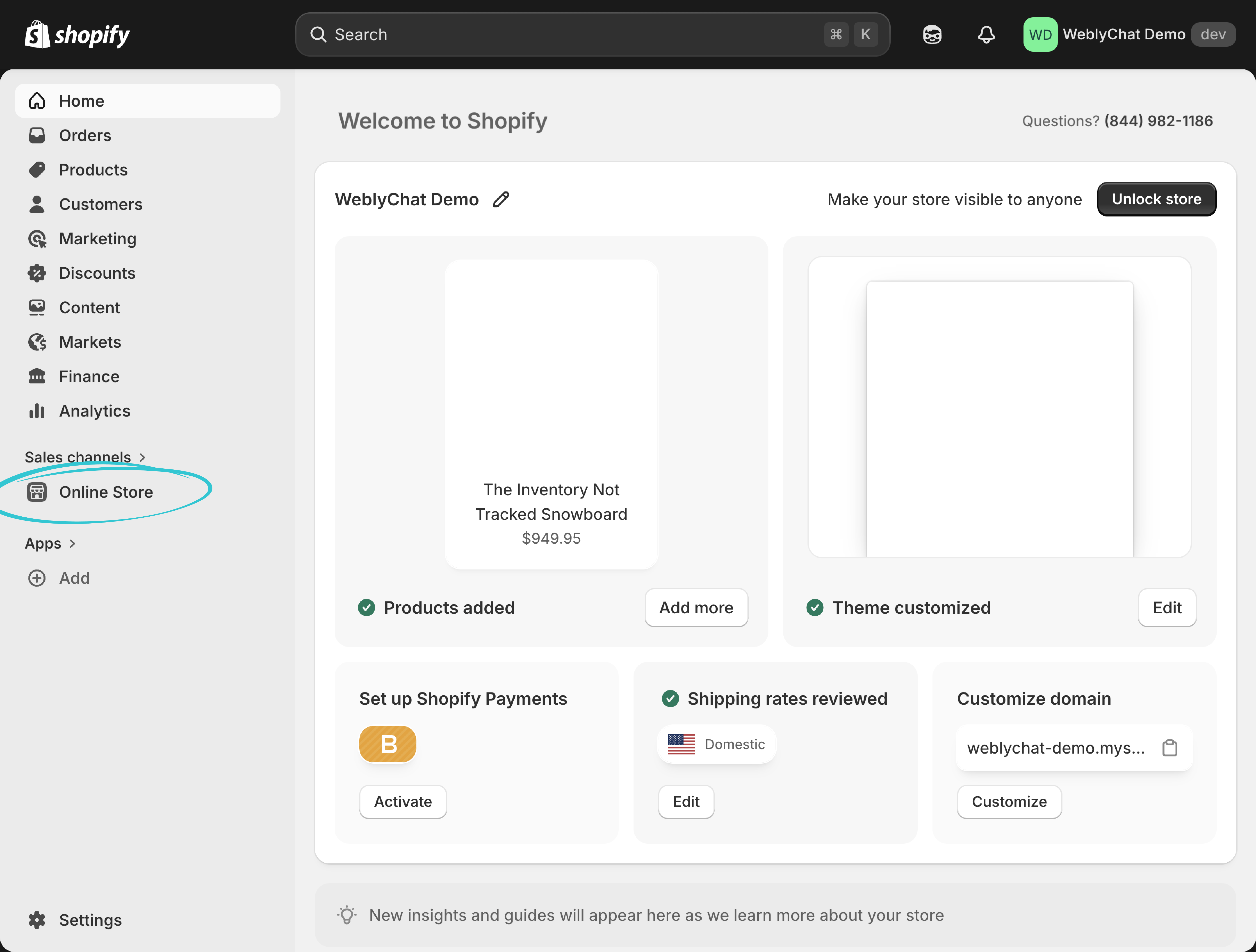 Shopify admin sidebar with Online Store highlighted under Sales channels