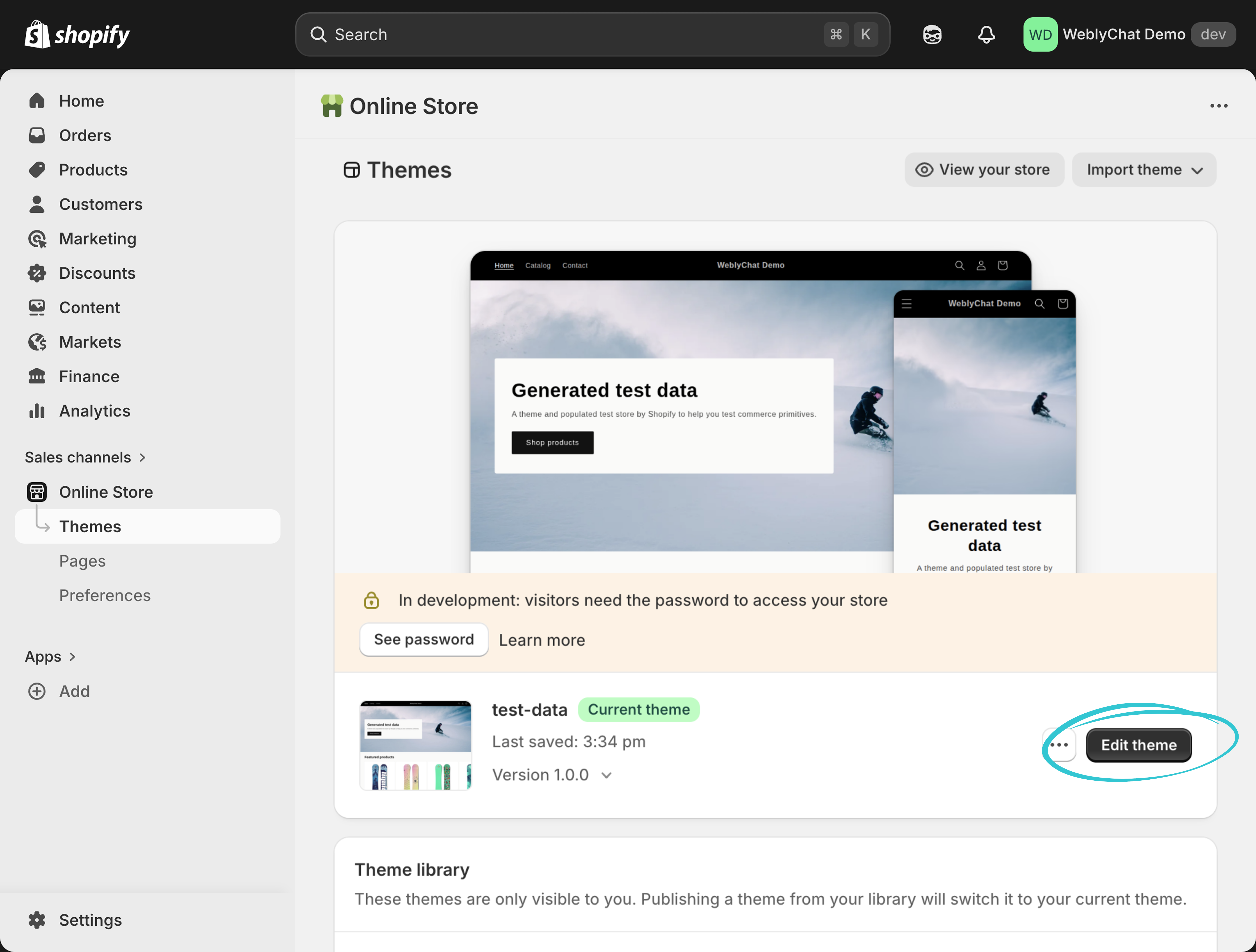 Shopify Themes page showing the active theme with Edit theme button highlighted
