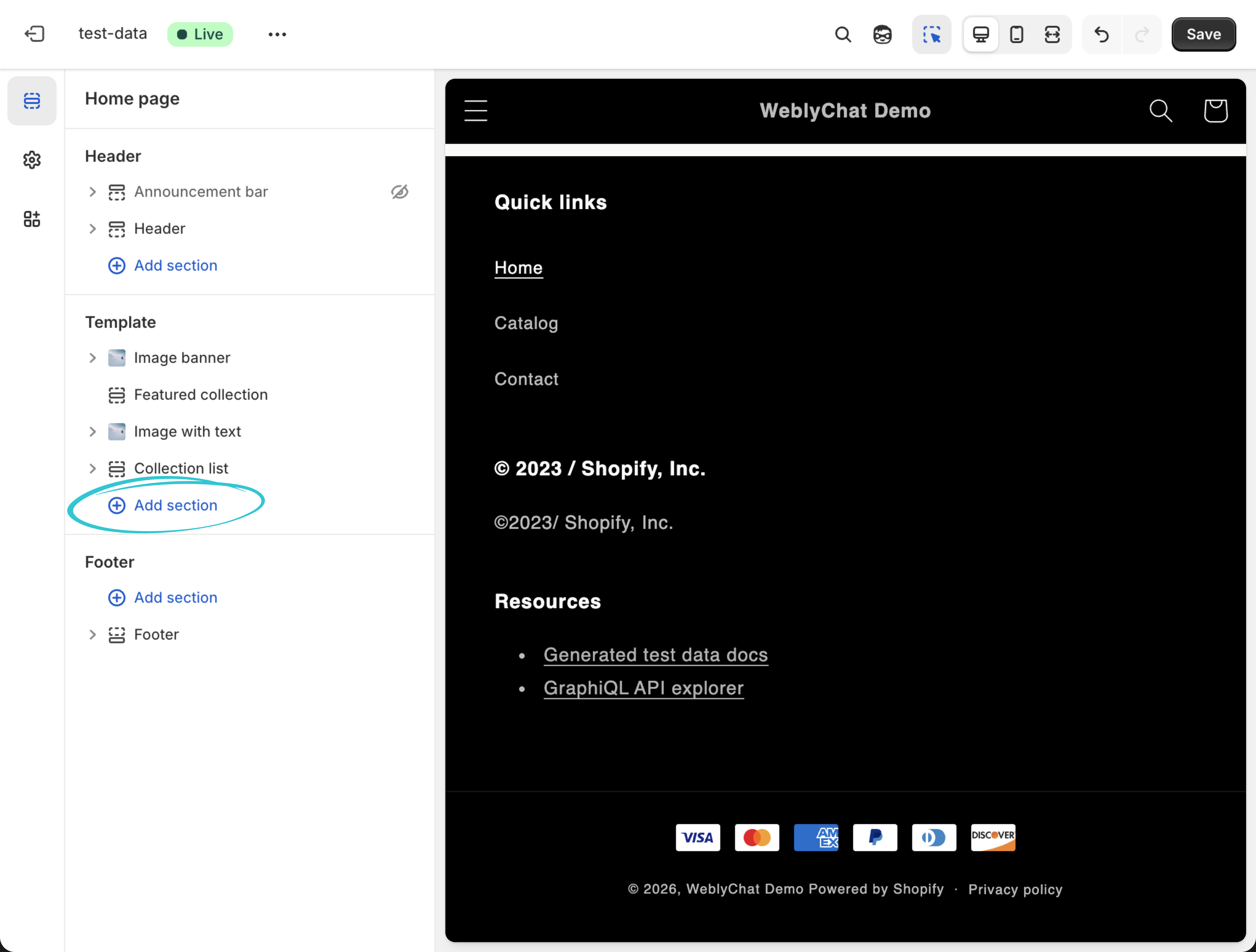 Shopify Theme Editor sidebar showing the Add section button under Template