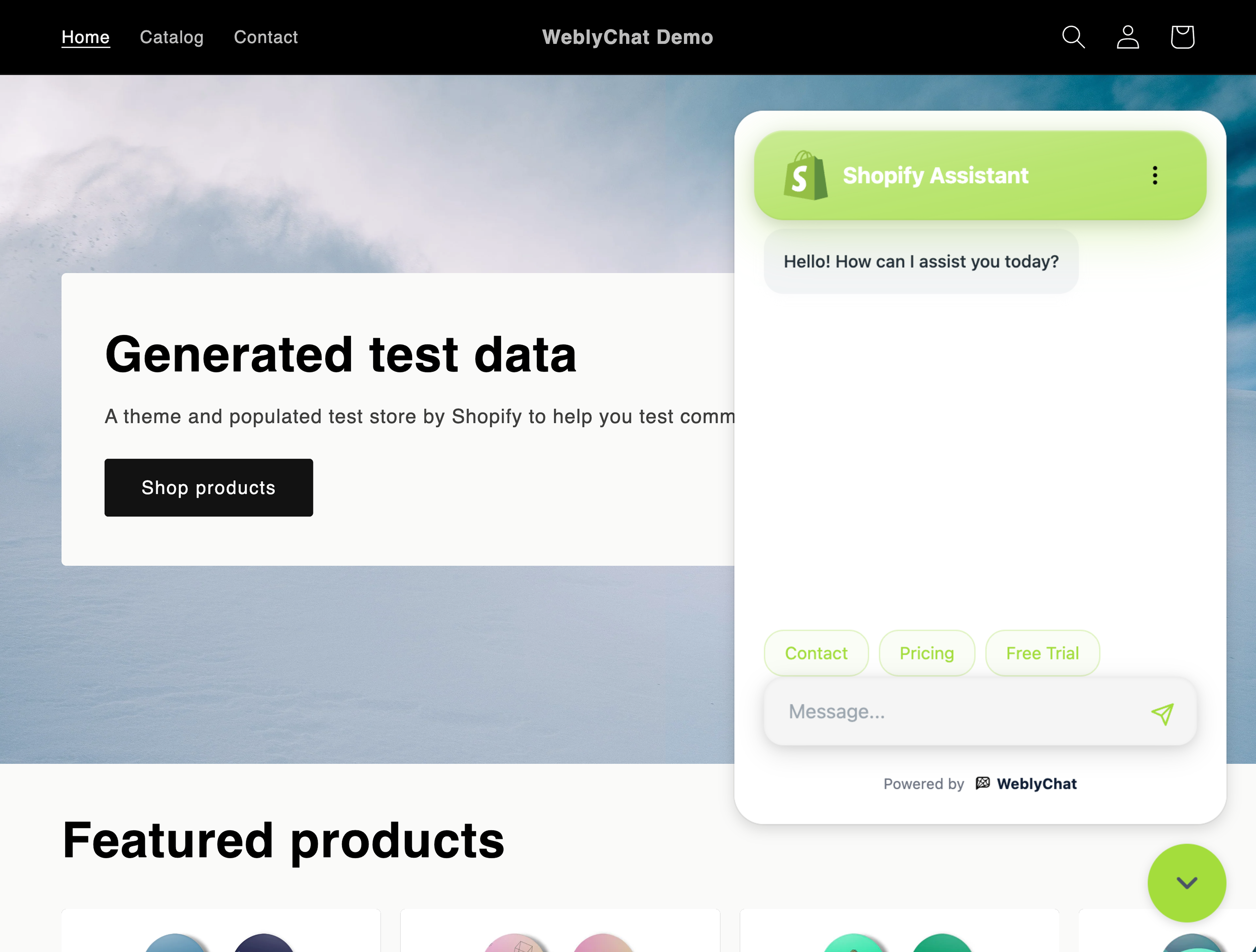Shopify storefront with WeblyChat chatbot widget open and responding to a shopper question
