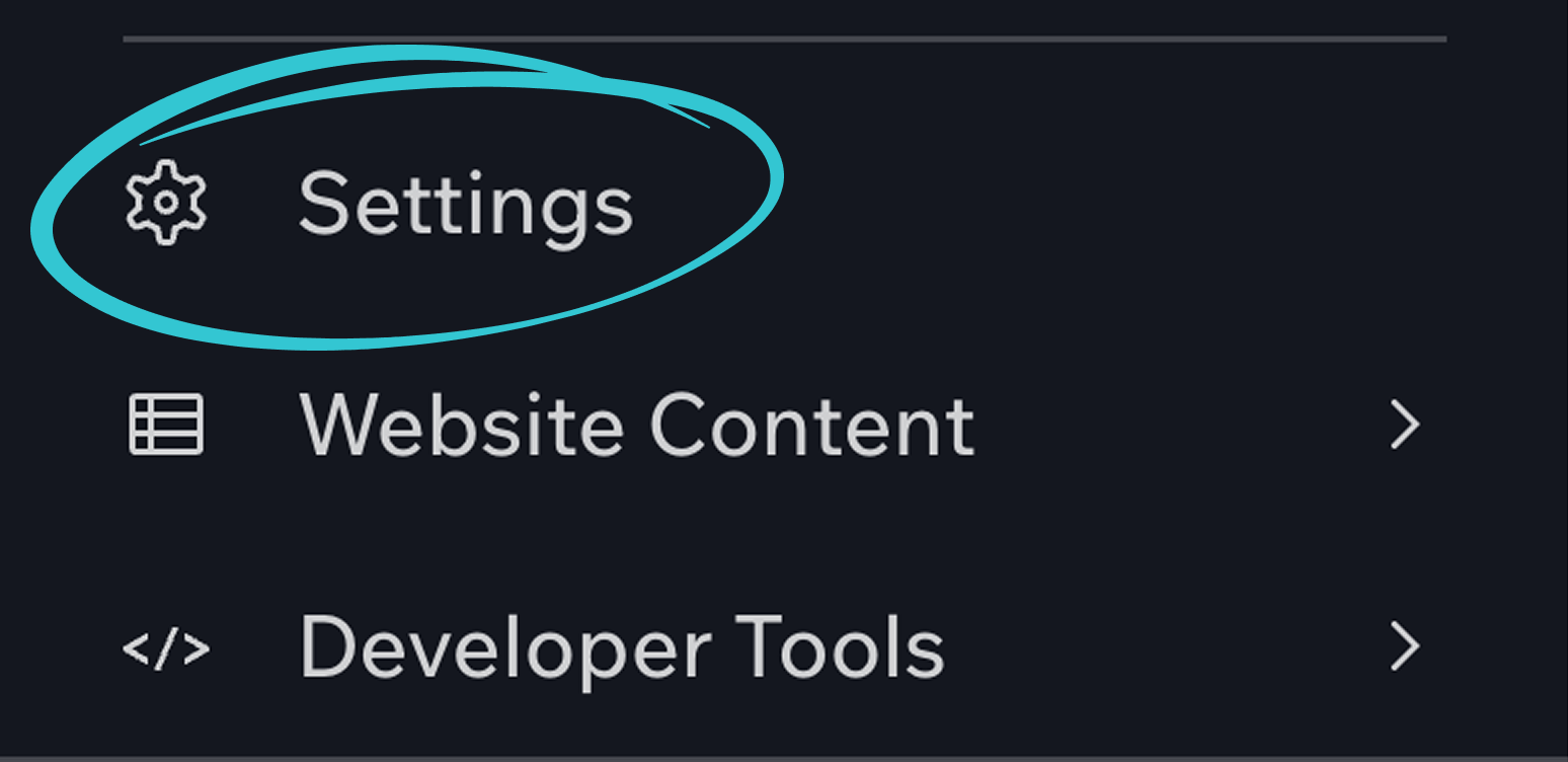 Wix dashboard sidebar showing the Settings menu item near the bottom