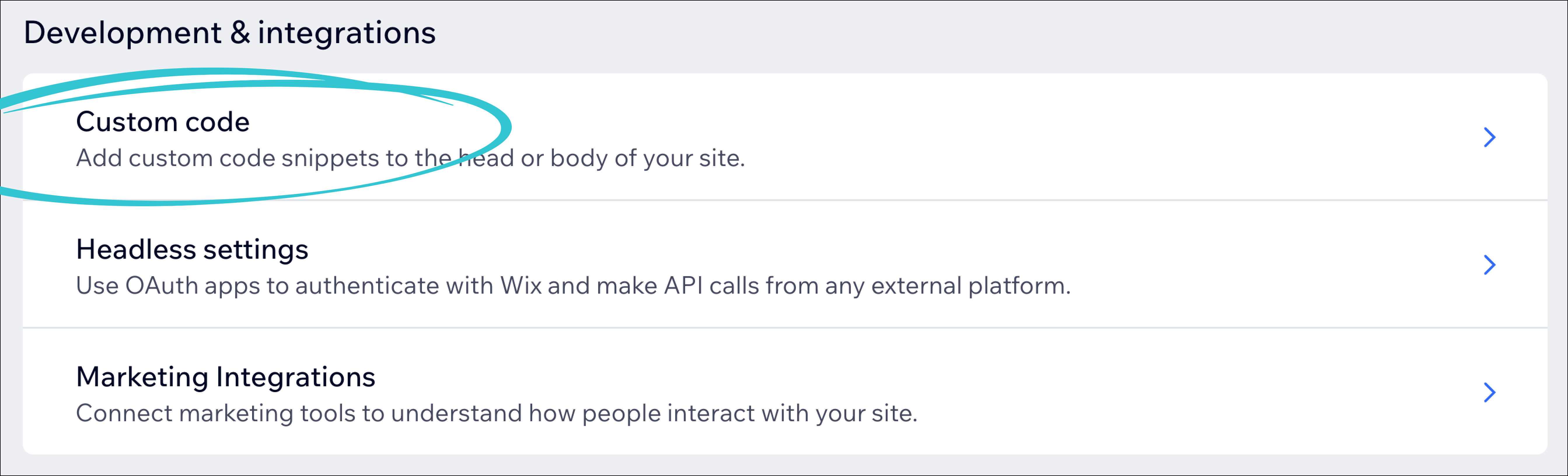 Wix Settings page showing Development and Integrations section with Custom Code option