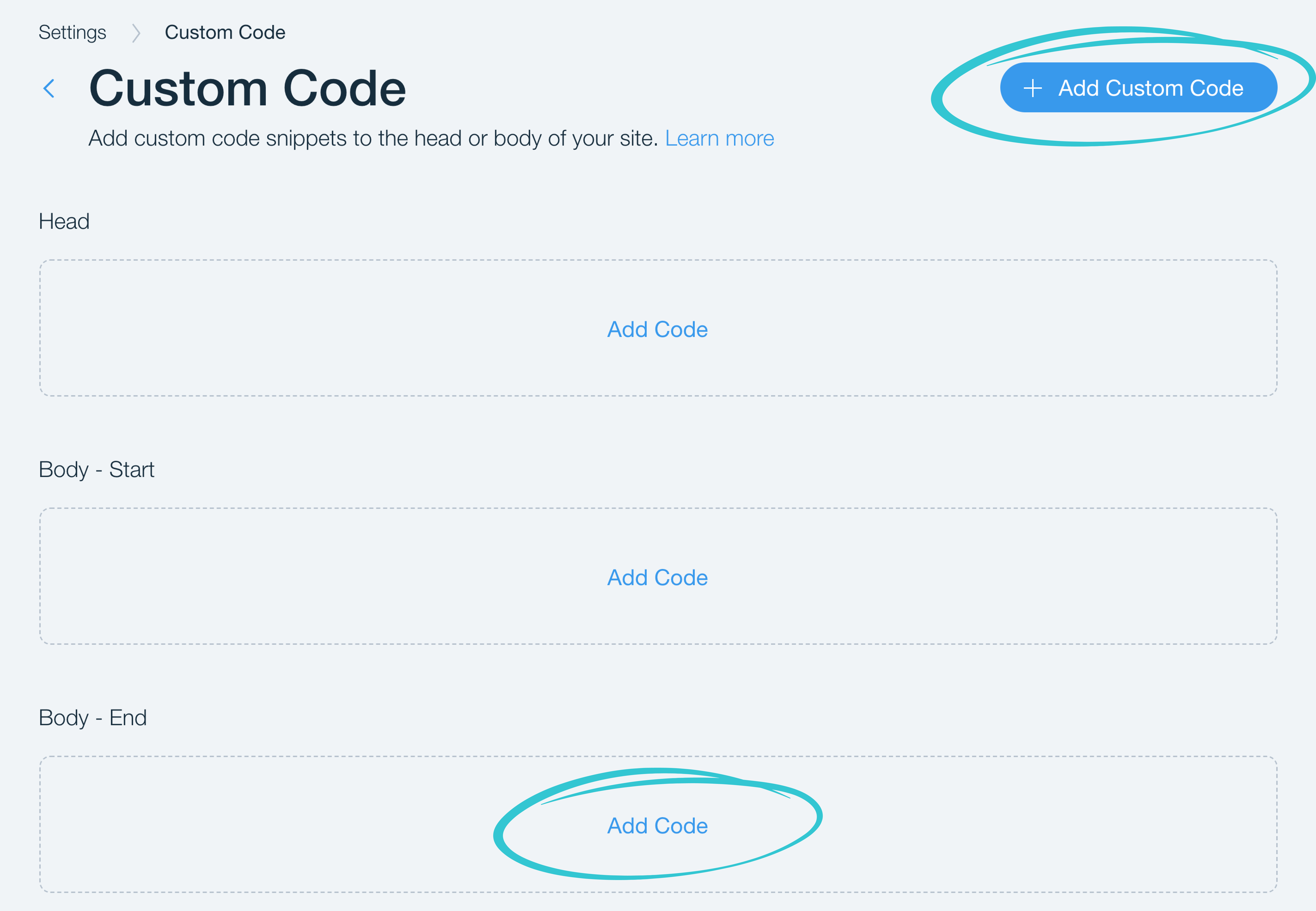 Wix Custom Code page showing Head, Body Start, and Body End sections with Add Code buttons
