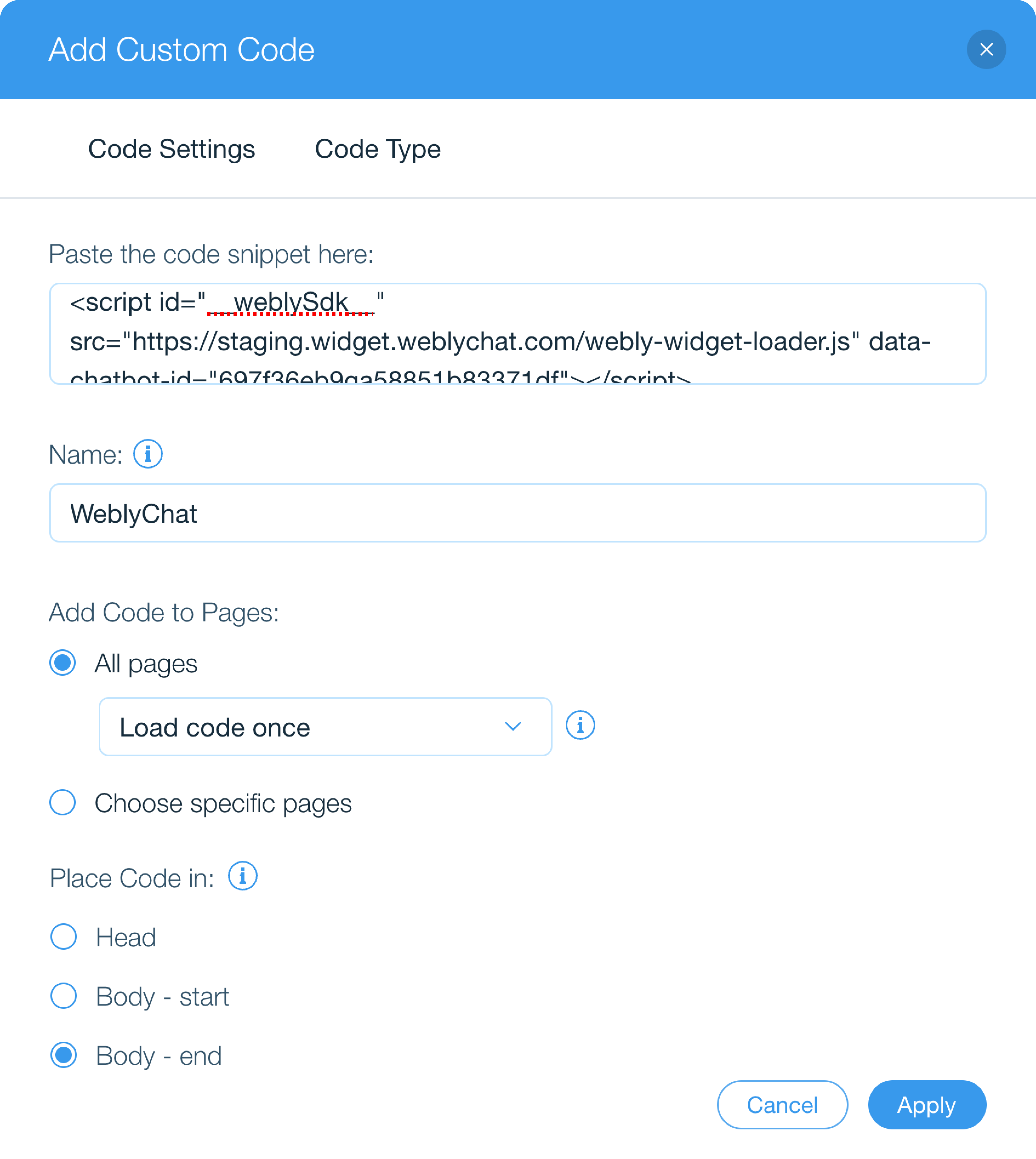 Wix Add Custom Code dialog with WeblyChat code pasted, named WeblyChat, set to All Pages with Load code once, and Body end selected