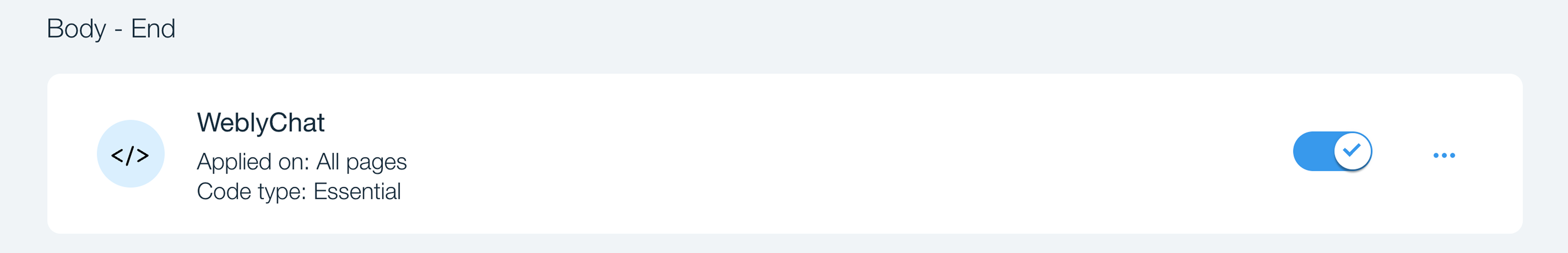 Wix Body End section showing WeblyChat applied on all pages with active toggle