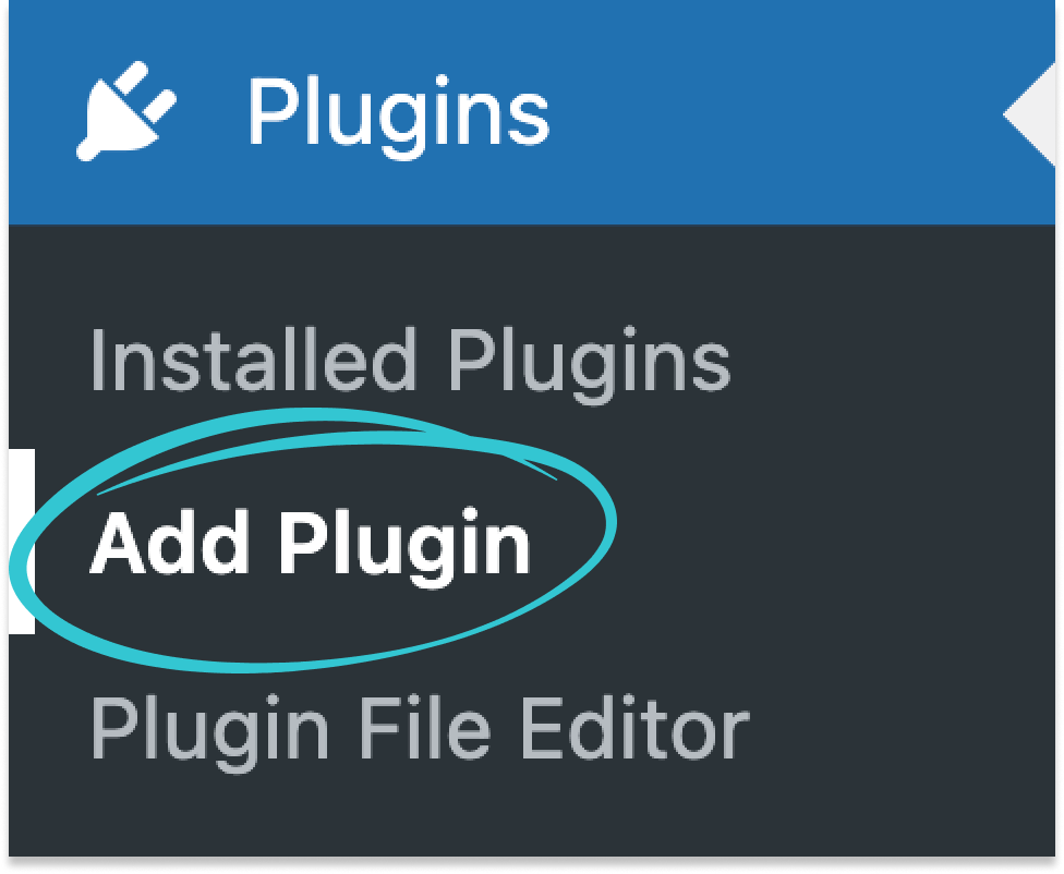 WordPress dashboard sidebar showing Plugins menu expanded with Add Plugin option