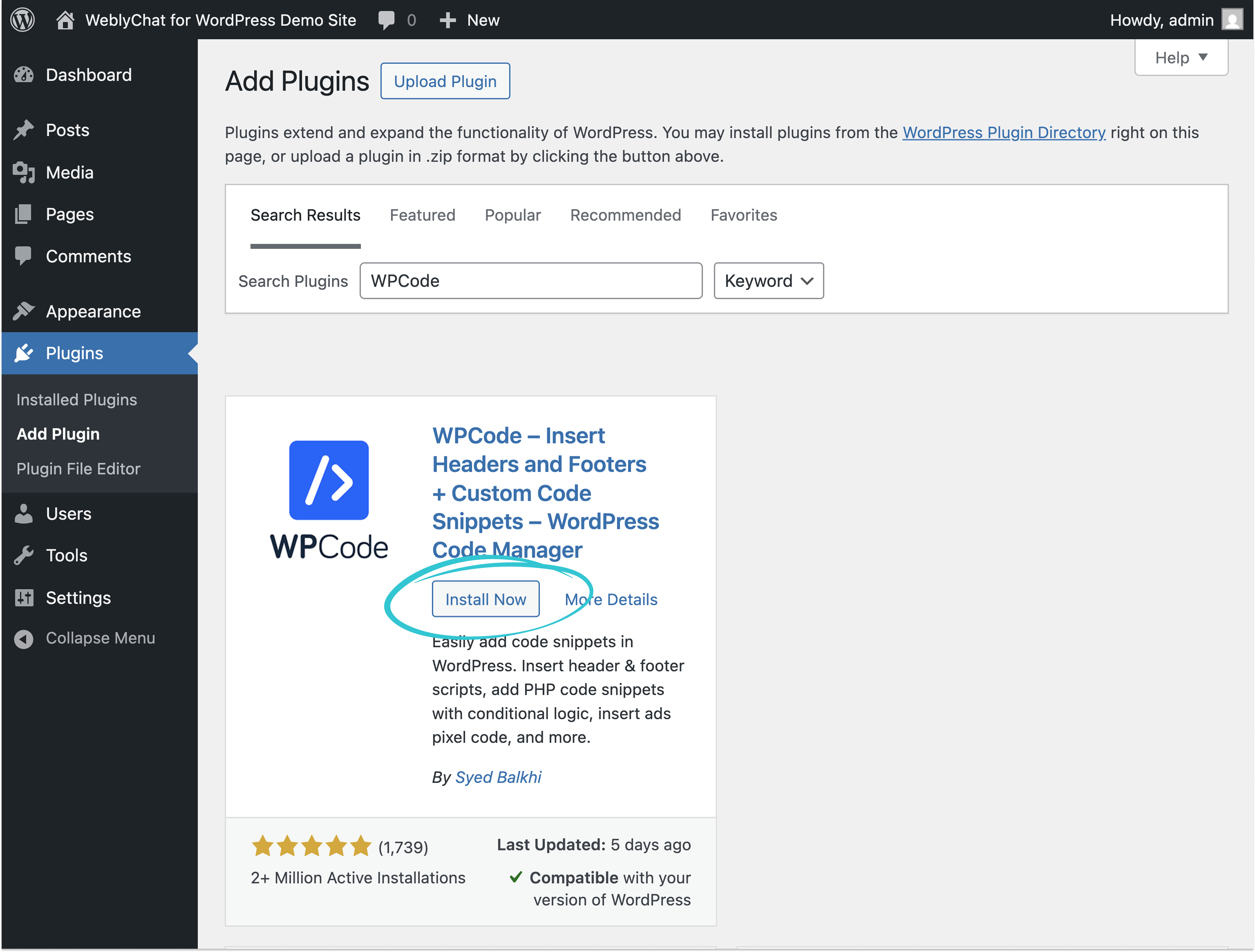 WordPress Add Plugins page with WPCode searched and Install Now button highlighted