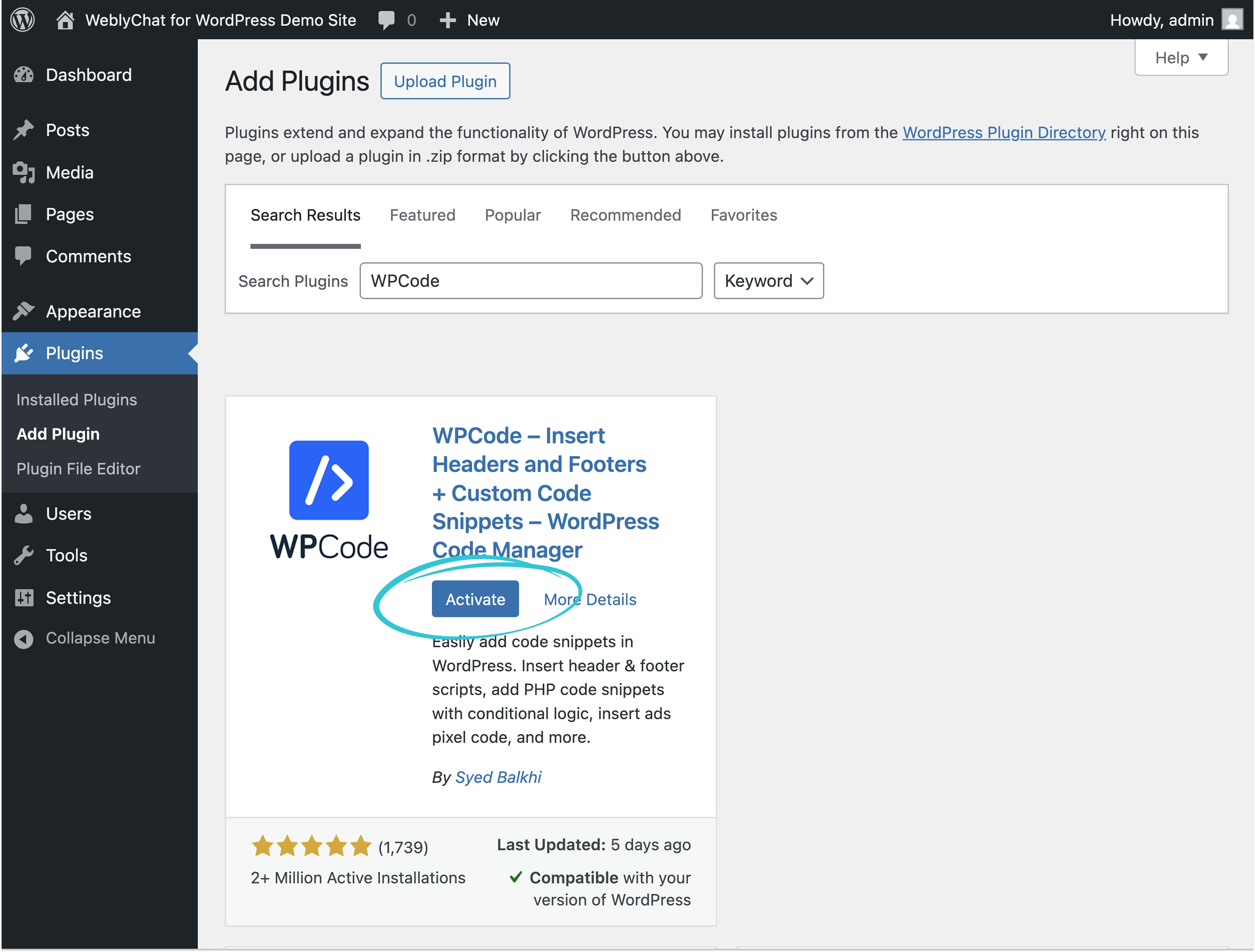 WordPress Add Plugins page with WPCode showing Activate button after installation