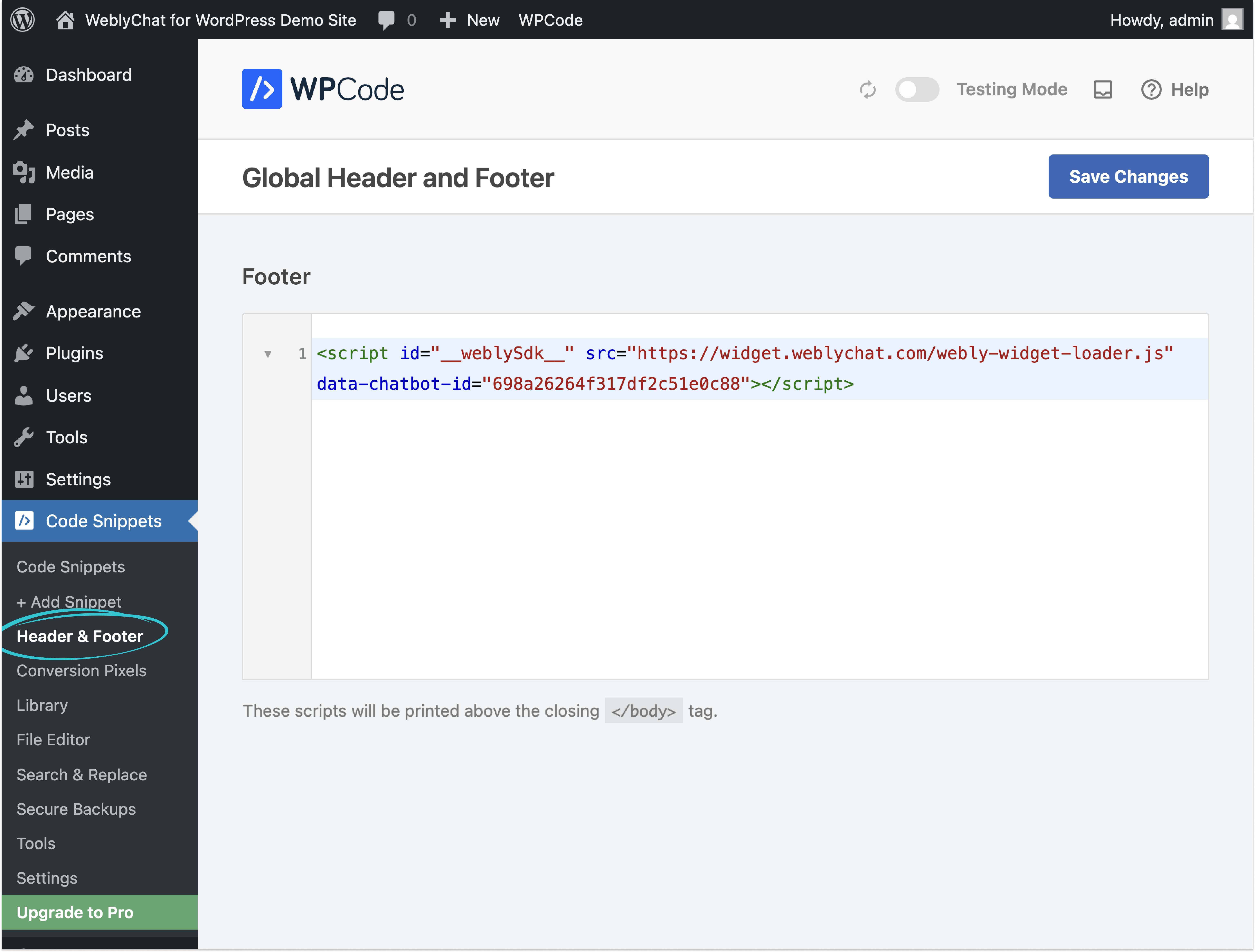 WPCode Global Header and Footer page with WeblyChat code snippet pasted in the Footer section