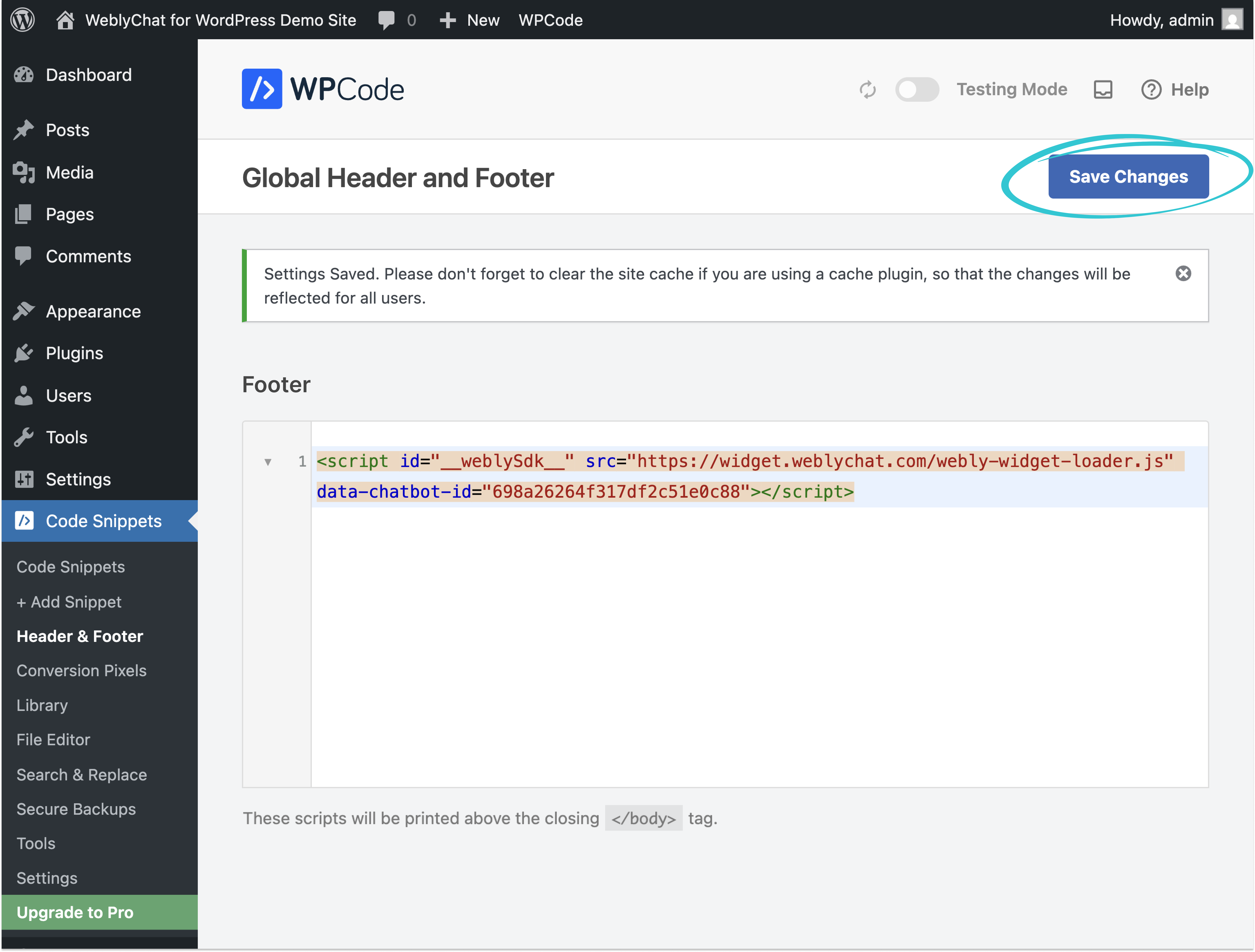 WPCode Global Header and Footer page showing Settings Saved confirmation message