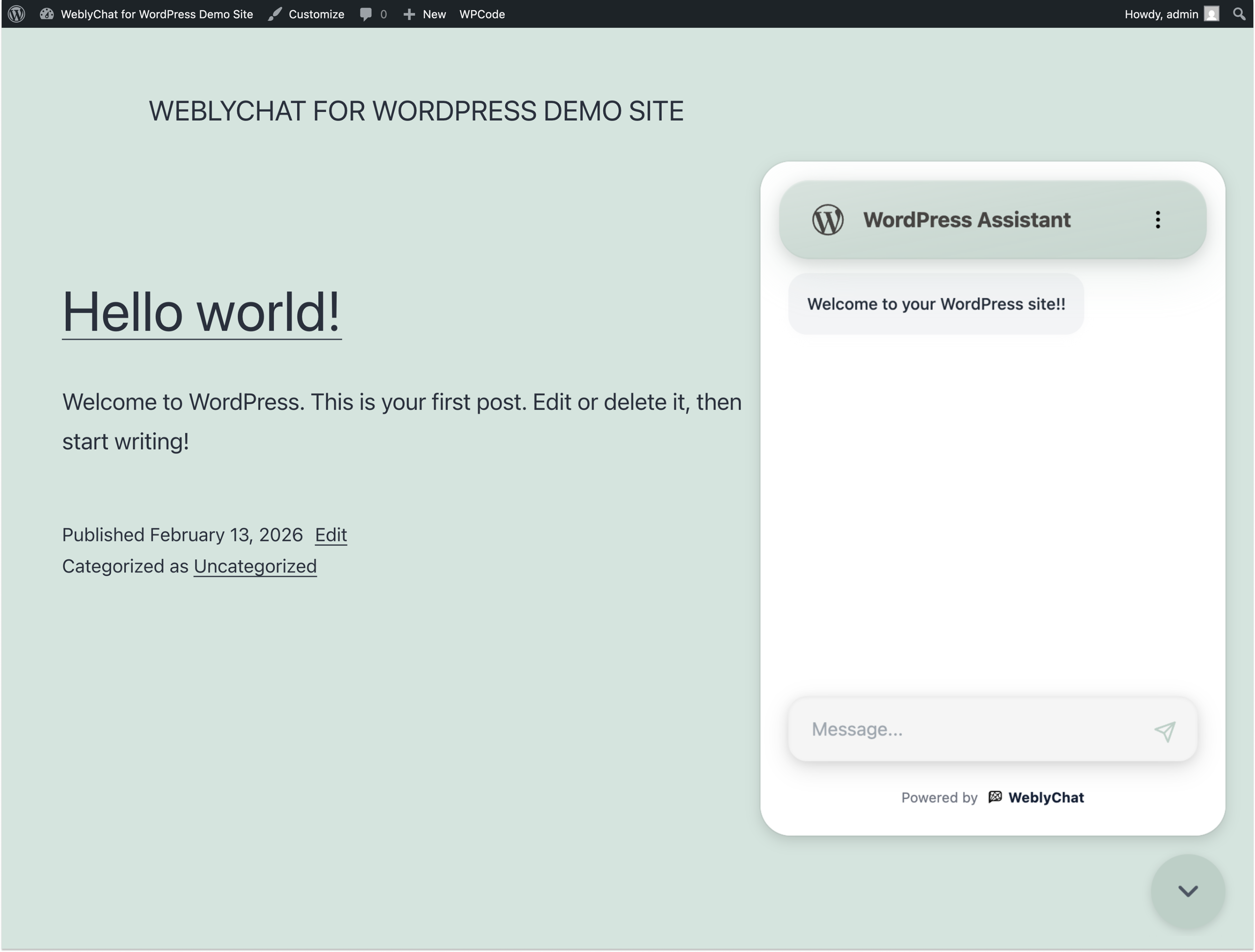WordPress site with WeblyChat chatbot widget visible in the bottom right corner