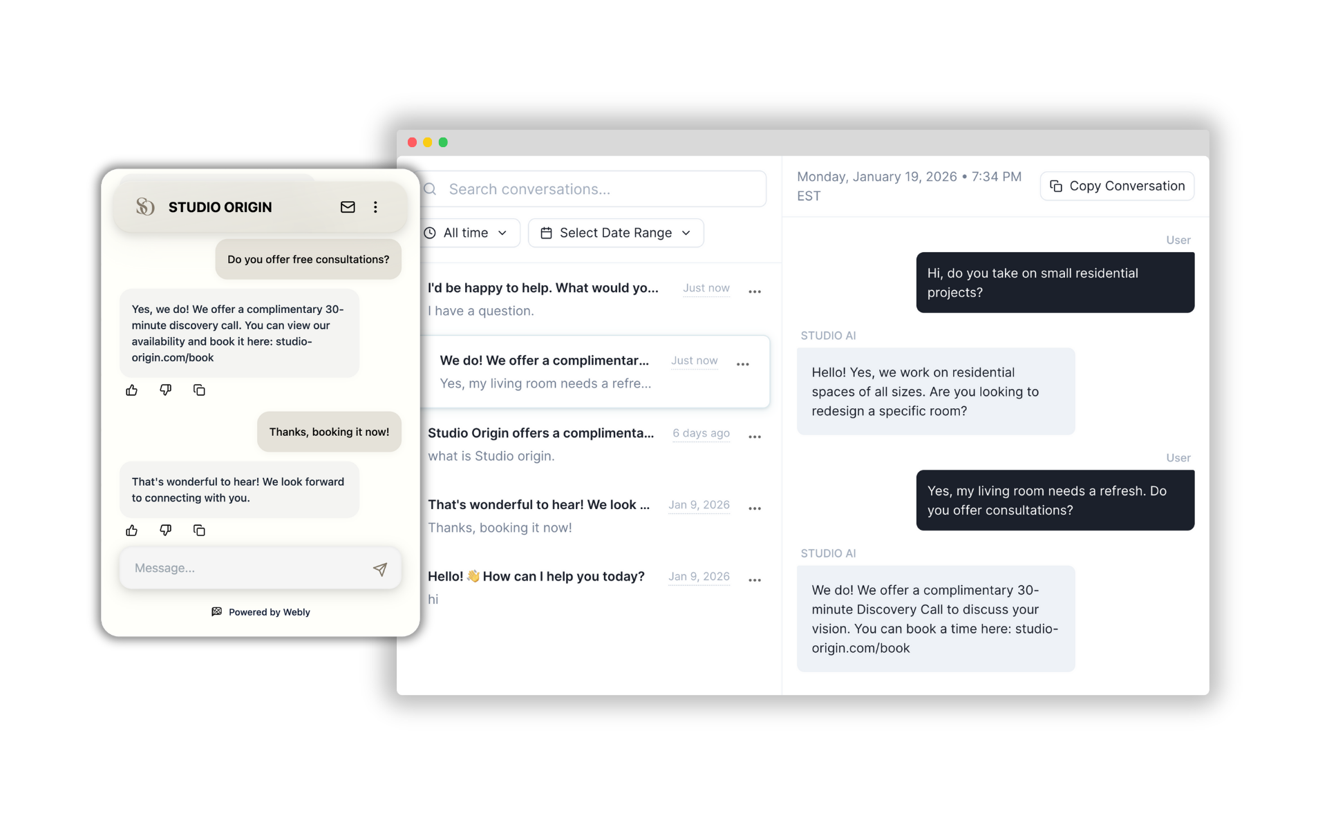 WeblyChat Lead Generation chatbot showing see exactly what your visitors are asking